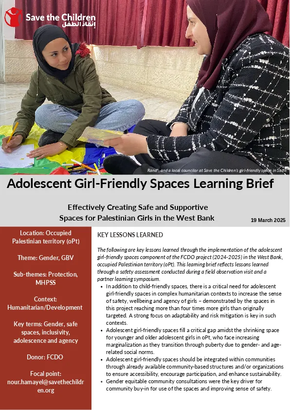 Adolescent Girl-Friendly Spaces Learning Brief: Effectively Creating Safe and Supportive Spaces for Palestinian Girls in the West Bank
