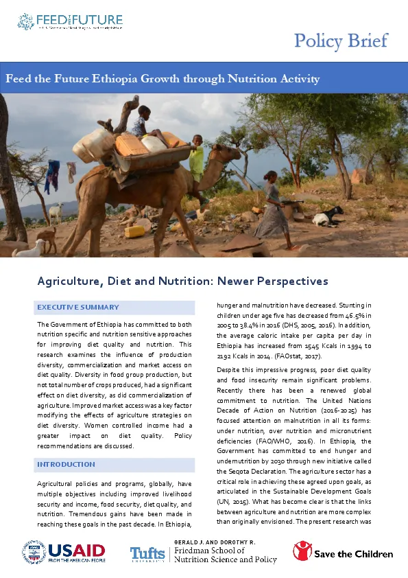 Agriculture, Diet and Nutrition: Newer Perspectives