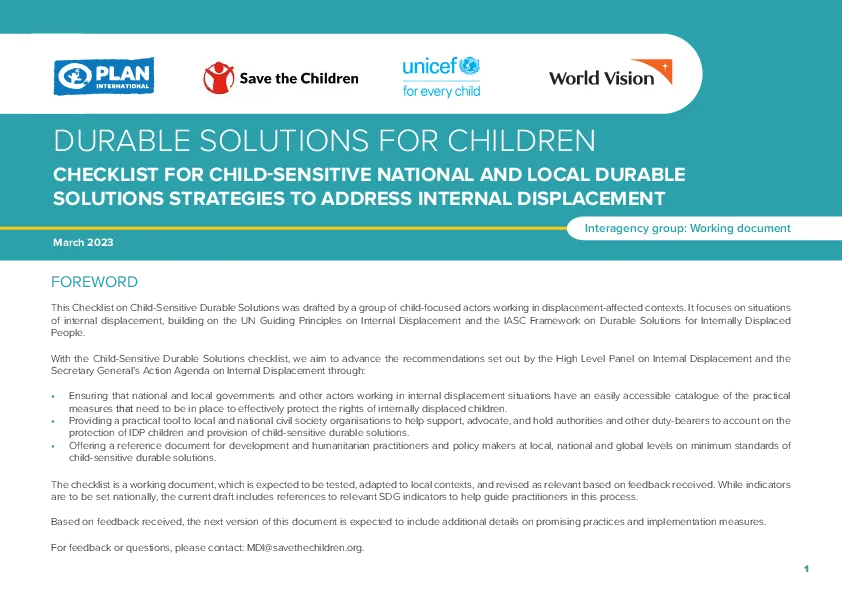 Durable Solutions for Children: Checklist for child-sensitive national and local durable solutions strategies to address internal displacement