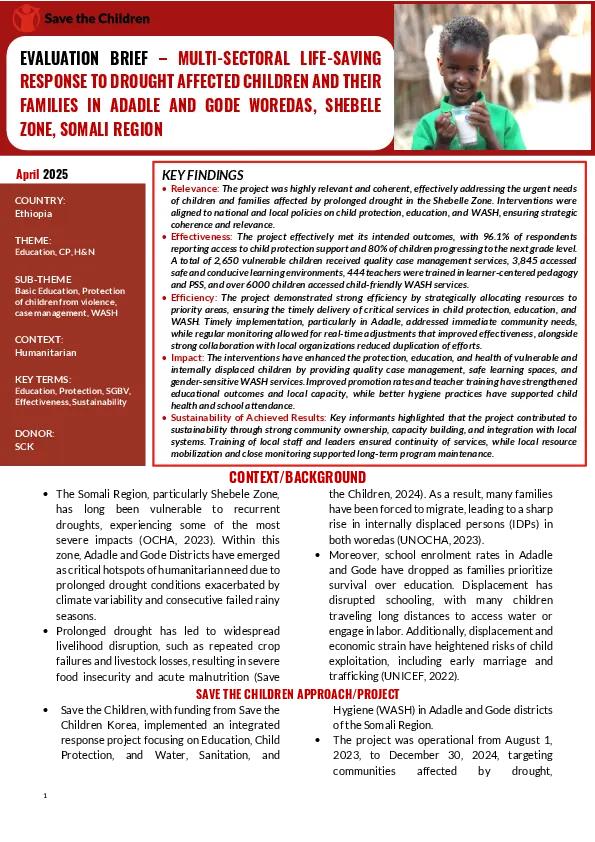Evaluation Brief for the Multi-Sectoral Life-Saving Response to Drought-Affected Children and their Families in Adadle and  Gode Woredas, Shebele Zone, Somali Region Endline Evaluation