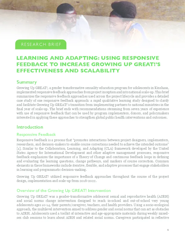 Learning and Adapting: Using responsive feedback to increase Growing up Great!’s effectiveness and scalability: Research brief