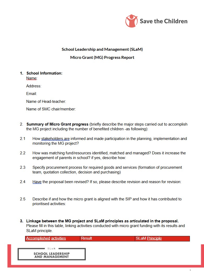 Micro Grant Progress Report School Level