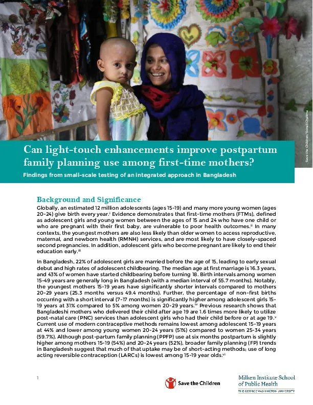 Can Light-touch Enhancements Improve Postpartum Family Planning Use Among First-time Mothers: Findings from small-scale testing of an integrated approach in Bangladesh