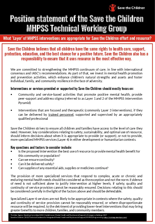 Position Statement of Save the Children MHPSS Technical Working Group