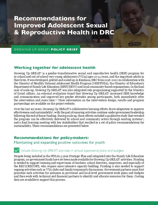 Recommendations for Improved Adolescent Sexual and Reproductive Health in Democratic Republic of the Congo: Growing up Great!: Policy Brief