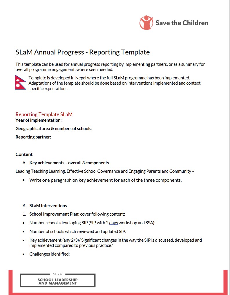 SLaM Reporting Template Annual Progress