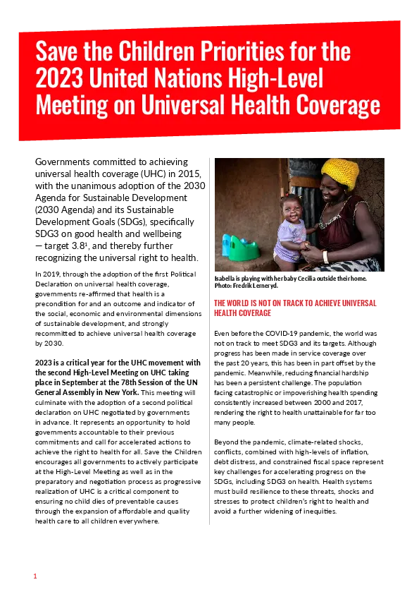 Save the Children Priorities for the 2023 United Nations High-Level Meeting on Universal Health Coverage