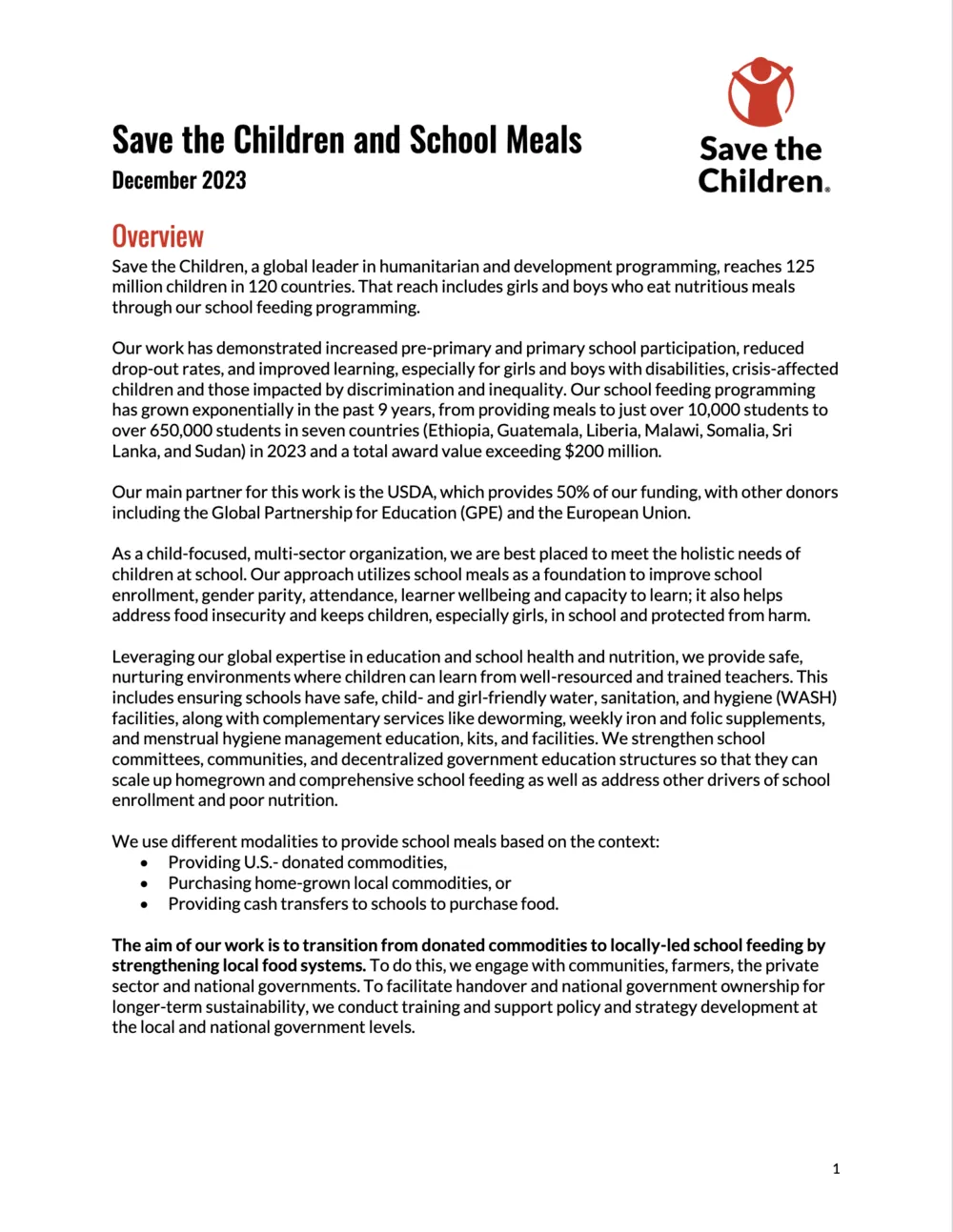 Save the Children and School Meals: Overview
