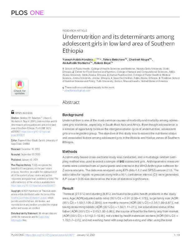 Undernutrition and its Determinants Among Adolescent Girls in Low Land Area of Southern Ethiopia