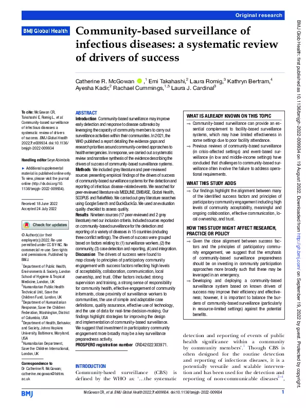 Community-based Surveillance of Infectious Diseases: A systematic review of drivers of success thumbnail