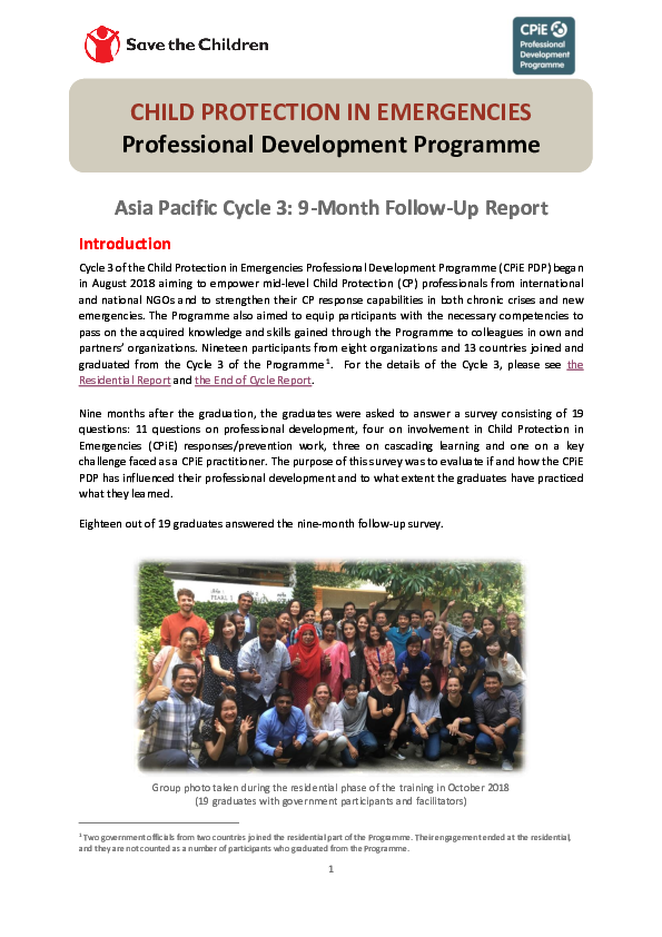 Child Protection in Emergencies Professional Development Programme  Asia Pacific Cycle 3: 9-Month follow-up report