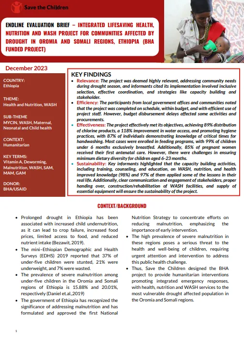 Endline Evaluation Brief: Integrated lifesaving health, nutrition, and WASH for communities affected by drought in Oromia and Somalia regions, Ethiopia