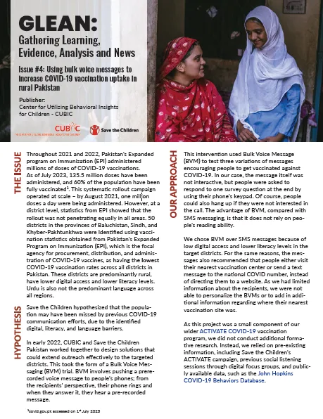 GLEAN: Gathering Learning, Evidence, Analysis and News: Issue #4: Using bulk voice messages to increase COVID-19 vaccination uptake in  rural Pakistan