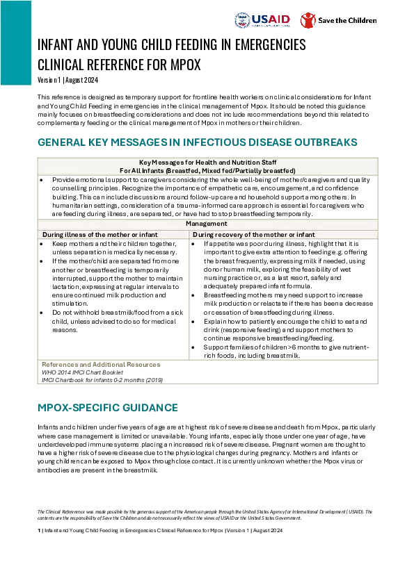 Infant and Young Child Feeding in Emergencies Clinical Reference for Mpox thumbnail