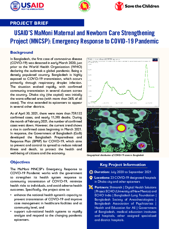 USAID’S MaMoni Maternal and Newborn Care Strengthening Project (MNCSP): Emergency response to COVID-19
