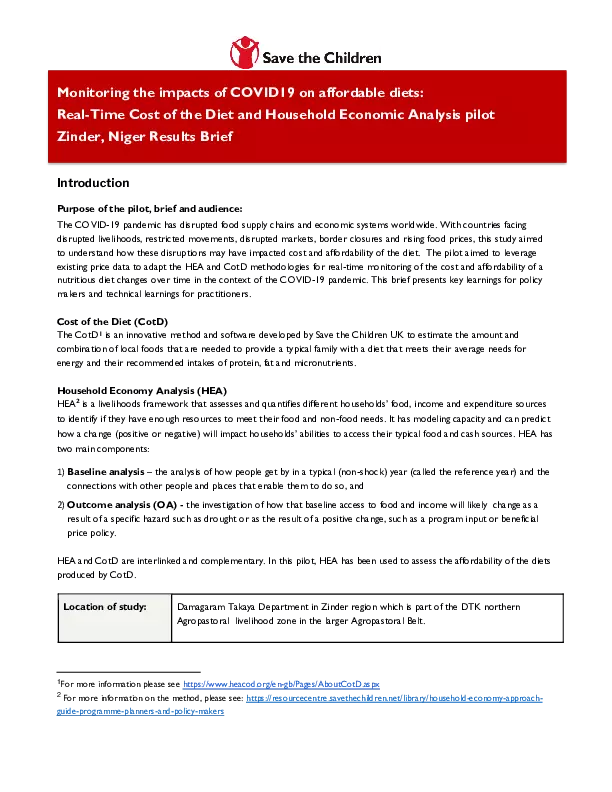 Monitoring the Impacts of COVID-19 on Affordable Diets: Real-Time Cost of the Diet and Household Economic Analysis pilot Zinder, Niger Results Brief