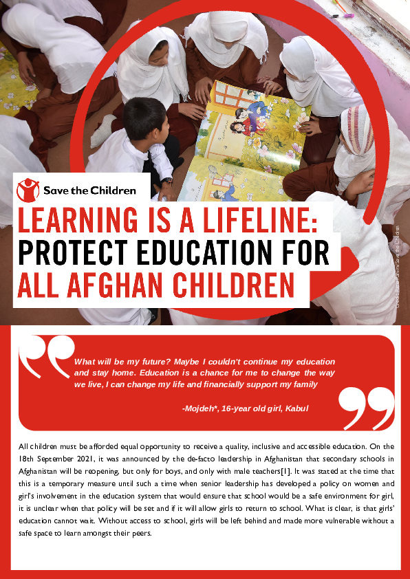 Learning is a Lifeline: Protect education for all Afghan children