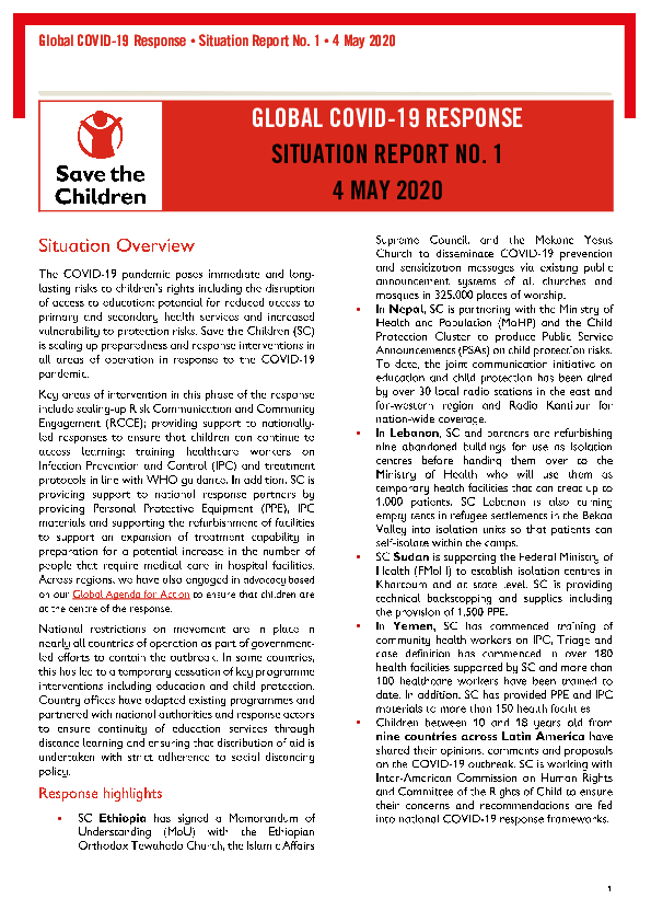 Save the Children's Global COVID-19 Response: Situation Report no. 1, May 2020