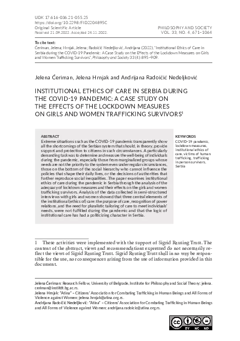 Institutional Ethics of Care in Serbia During the COVID-19 Pandemic: A Case Study on the Effects of the Lockdown Measures on Girls and Women Trafficking Survivors thumbnail