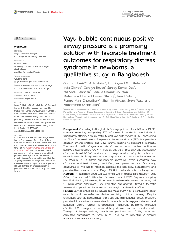 Vayu bubble continuous positive airway pressure is a promising solution with favorable treatment outcomes for respiratory distress syndrome in newborns: a qualitative study in Bangladesh thumbnail