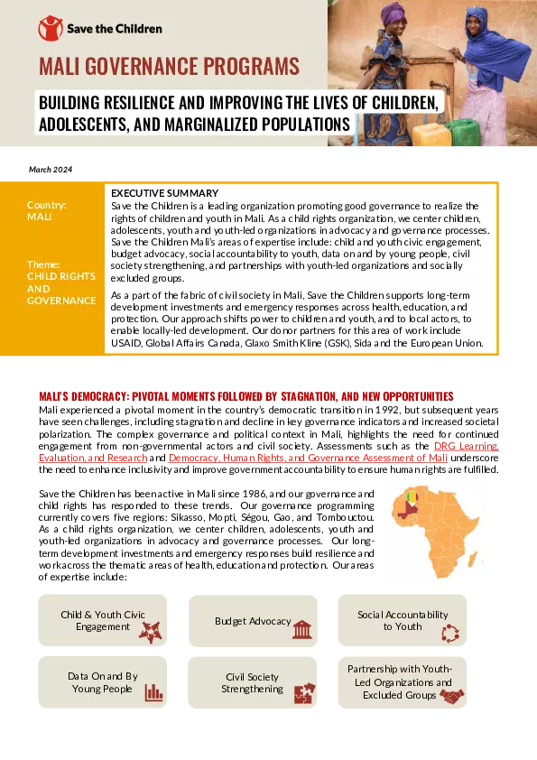 Mali Governance Programs: Building Resilience and Improving the Lives of Children, Adolescents, and Marginalized Populations thumbnail