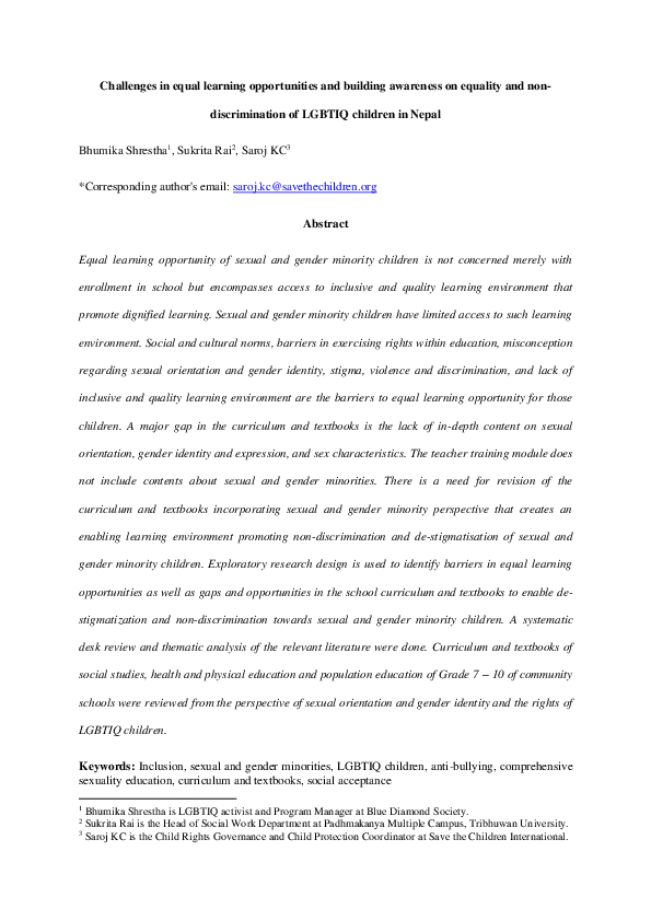 Challenges in Equal Learning Opportunities and Building Awareness on Equality and Non-Discrimination of LGBTIQ Children in Nepal thumbnail