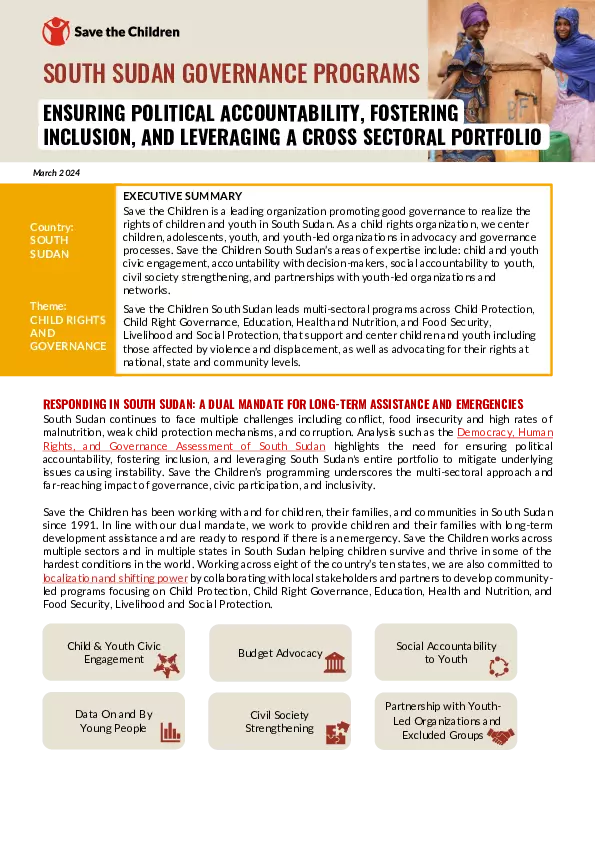 South Sudan Governance Programs: Ensuring Political Accountability, Fostering Inclusion, and Leveraging a Cross Sectoral Portfolio