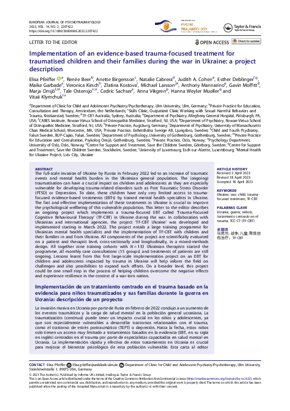 Implementation of an Evidence-based Trauma-focused Treatment for Traumatised Children and their Families during the War in Ukraine: A project description thumbnail