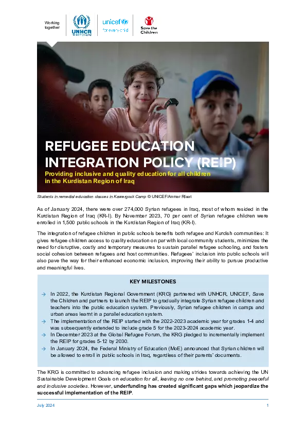 Refugee Education Integration Policy (REIP): Providing inclusive and quality education for all children in the Kurdistan Region of Iraq