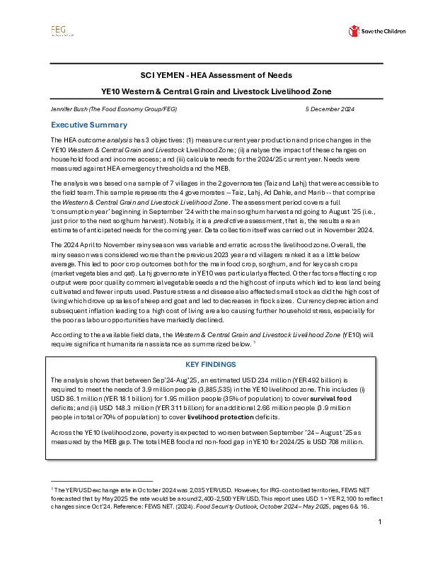 Household Economy Analysis Assessment of Needs in Western & Central Grain and Livestock Zone in Yemen thumbnail