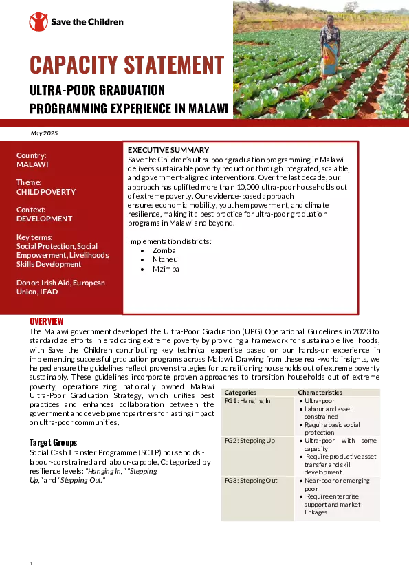 Save the Children International Ultra-poor Graduation Programming Experience in Malawi Capacity Statement