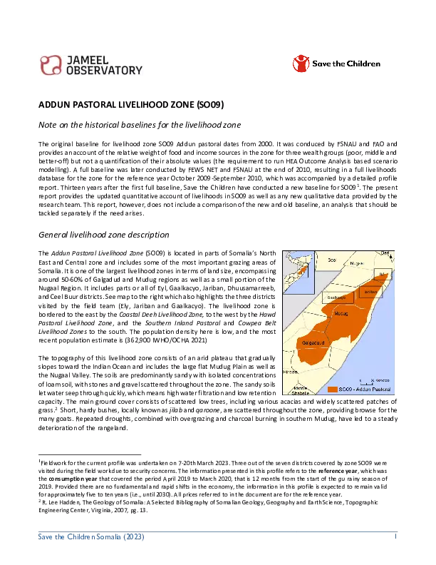 Household Economy Analysis (HEA) Baseline: Addun Pastoral Livelihood Zone, Somalia thumbnail