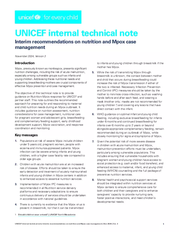 UNICEF Internal Technical Note: Interim recommendations on nutrition and Mpox case management thumbnail