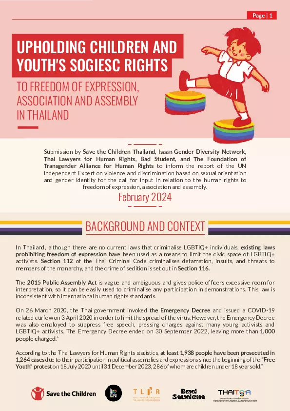 Upholding Children and Youth’s SOGIESC Rights to Freedom of Expression, Association and Assembly in Thailand thumbnail