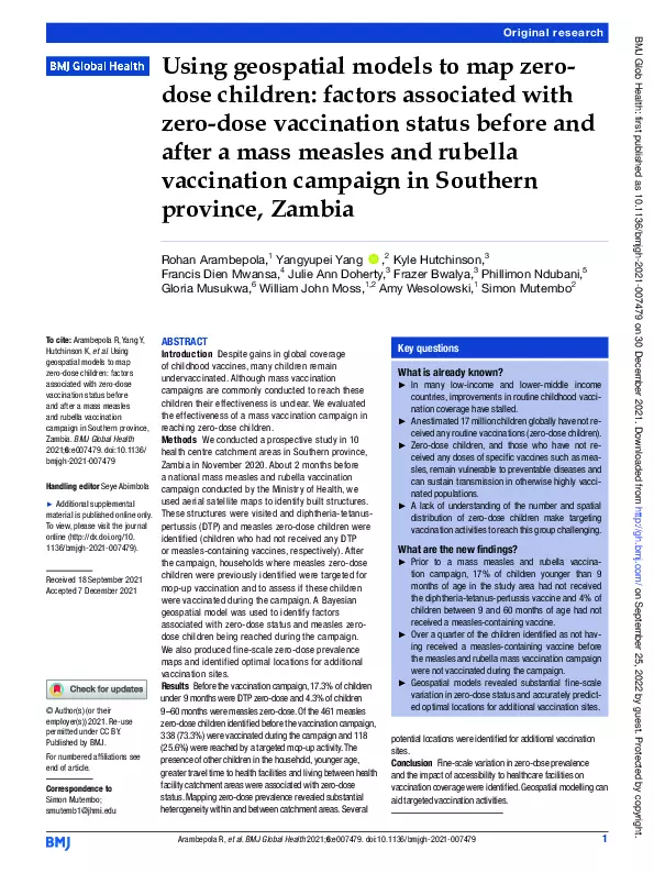 Using Geospatial Models to Map Zero-Dose Children: Factors associated with zero-dose vaccination status before and after a mass measles and rubella vaccination campaign in Southern province, Zambia thumbnail